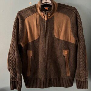 Eddie Bauer M Brown Merino Wool Zip Sweater Jacket Elbow Patch Heavy Rugged
